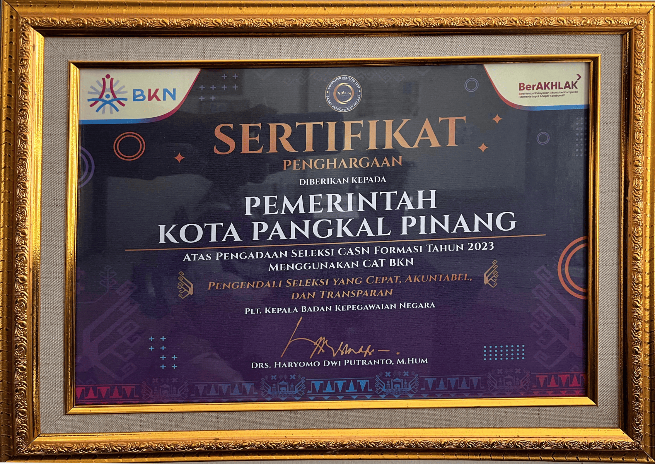 SERTIFIKAT PENGHARGAN ATAS PENGADAAN SELEKSI CASN FORMASI TAHUN 2023 MENGGUNAKAN CAT BKN