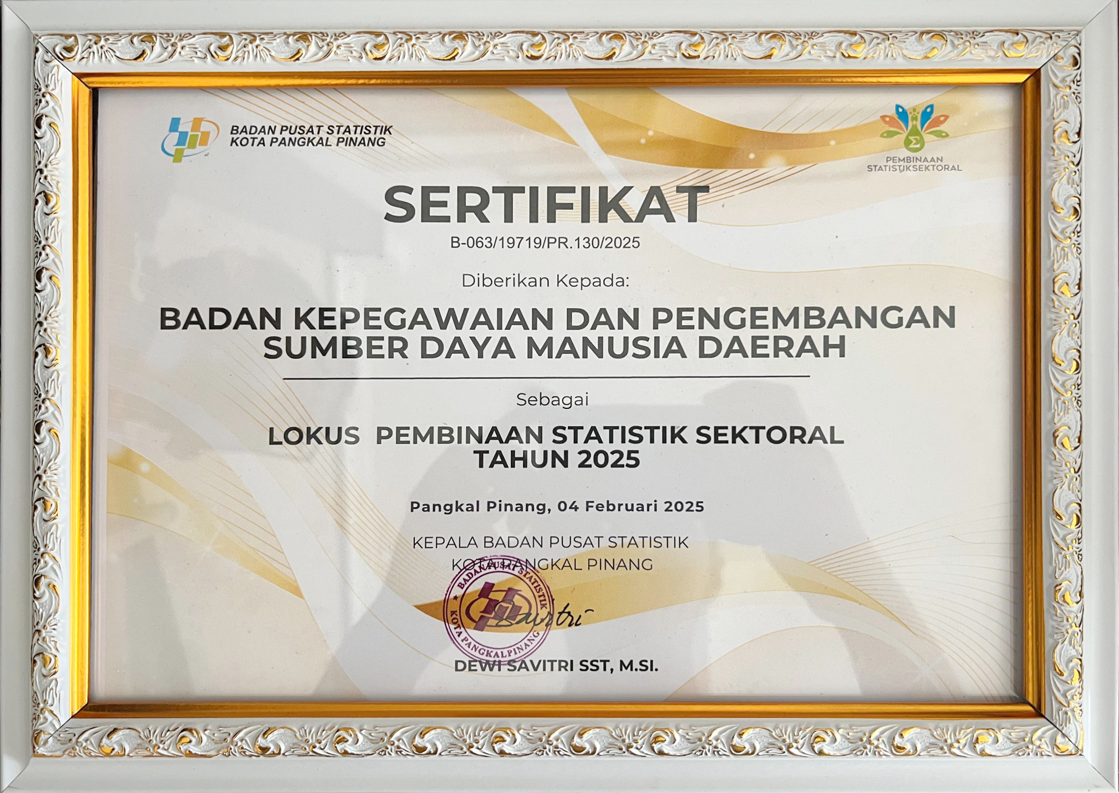 SERIFTIKAT SEBAGAI LOKUS PEMBINAAN STATISTIK SEKTORAL TAHUN 2025 BPS KOTA PANGKAL PINANG
